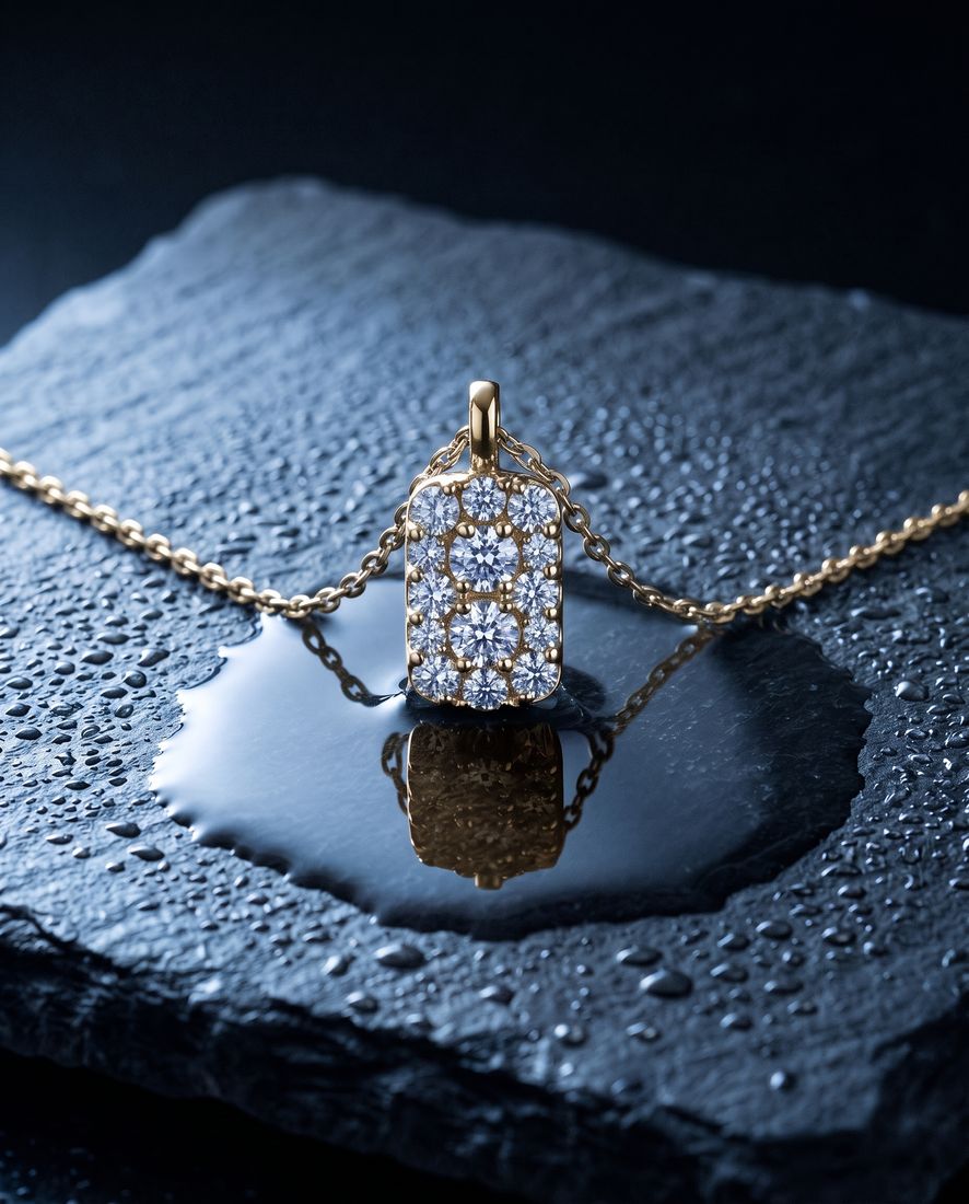 Fine gold chain with a small rectangular pendant set with cognac lab-grown diamonds