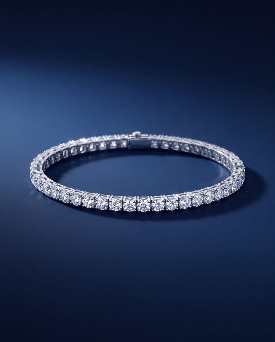 Wide tennis bracelet with a continuous line of large round lab-grown diamonds in gold
