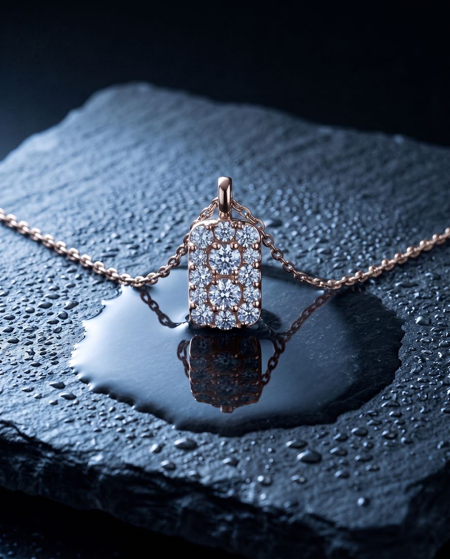 Fine gold chain with a small rectangular pendant set with cognac lab-grown diamonds