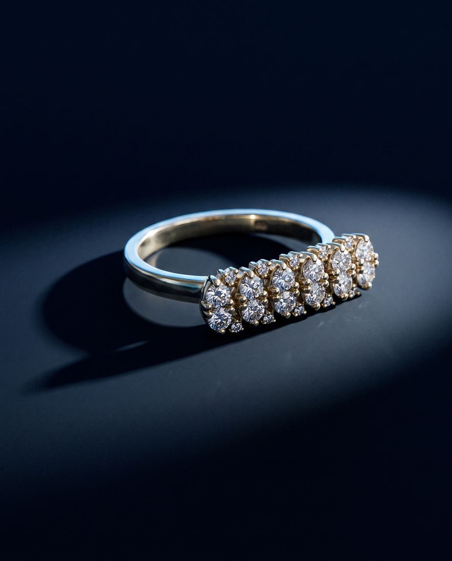Gold ring with a wide rectangular panel set with two rows of cognac lab-grown diamonds