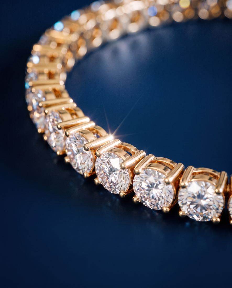 Wide tennis bracelet with a continuous line of large round lab-grown diamonds in gold