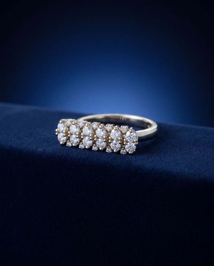 Gold ring with a wide rectangular panel set with two rows of cognac lab-grown diamonds