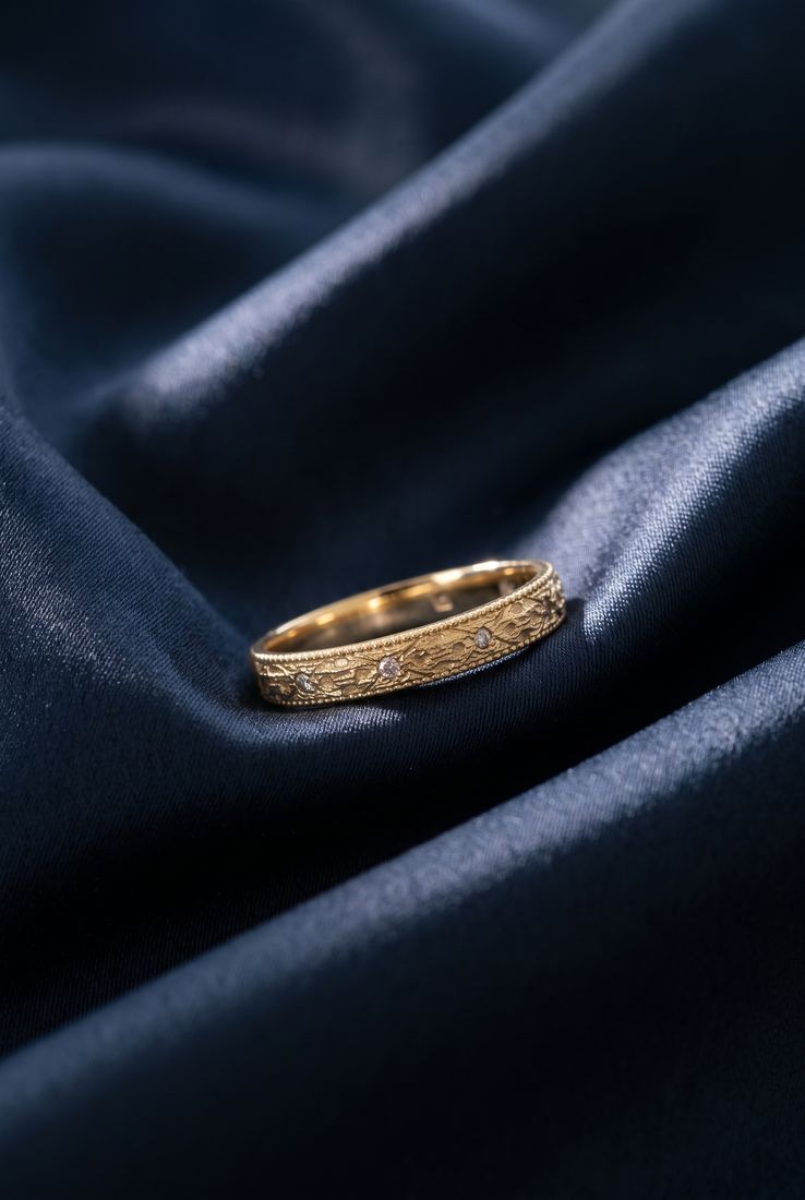 Gold ring with a pleated fluted band set with small cognac lab-grown diamonds