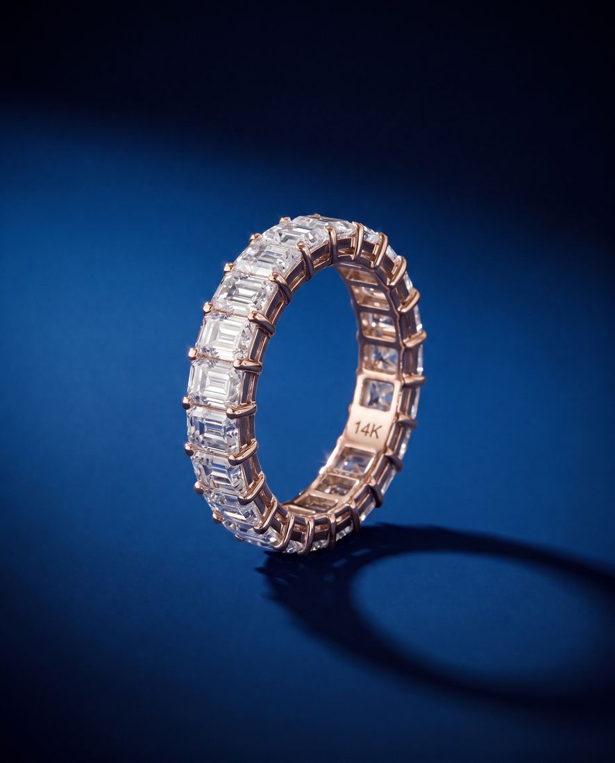 Gold eternity band set all the way around with rectangular emerald-cut lab-grown diamonds