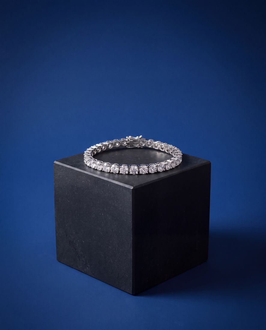 Wide tennis bracelet with a continuous line of large round lab-grown diamonds in gold