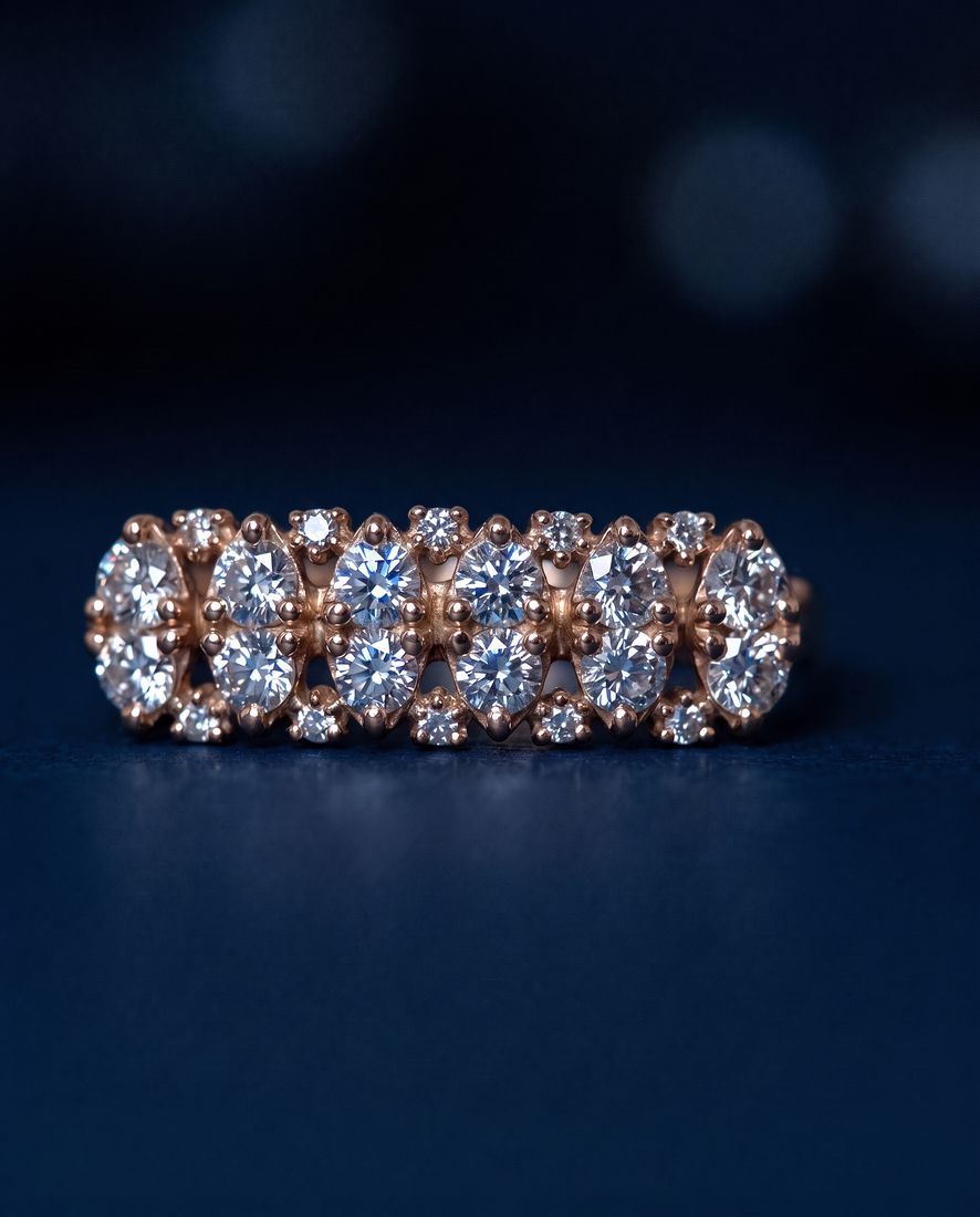 Gold ring with a wide rectangular panel set with two rows of cognac lab-grown diamonds