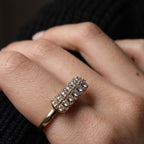 Gold ring with a wide rectangular panel set with two rows of cognac lab-grown diamonds