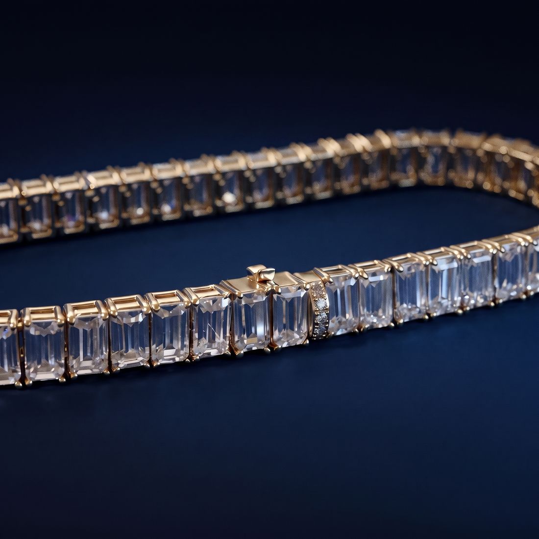 Tennis bracelet of rectangular baguette-cut lab-grown diamonds set end to end in gold